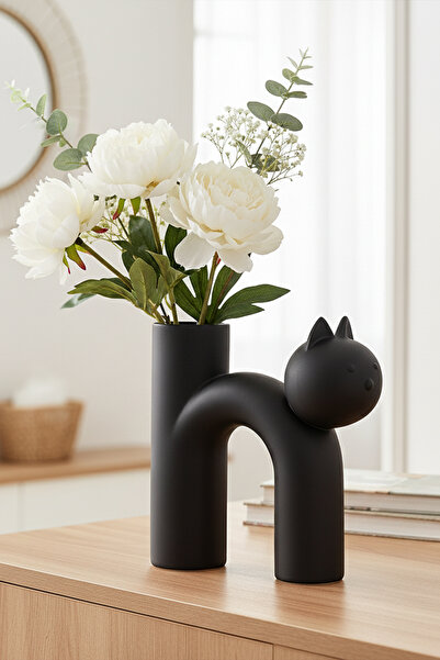 MEK Симпатична котка дизайн Модерна пластмасова ваза Черна (17x15cm)