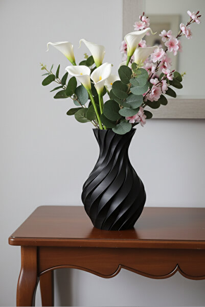 MEK مزهرية بلاستيكية مزخرفة بخطوط حلزونية باللون الأسود (20x13.5 سم)