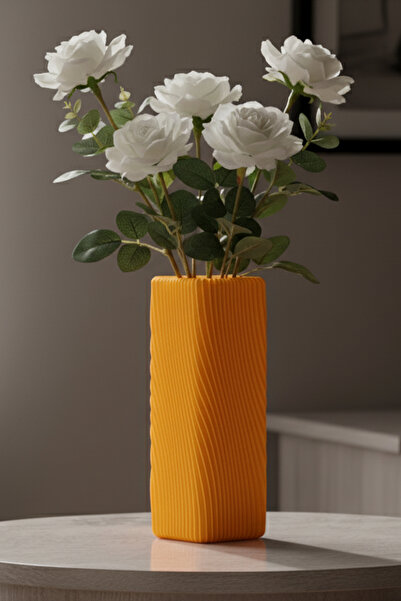 MEK مزهرية بلاستيكية مربعة حديثة ذات ملمس خطي دوار باللون البرتقالي (20×6.5 سم)