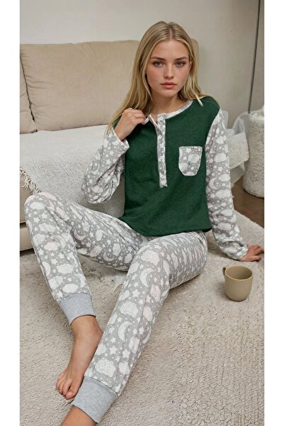 CARLA MARA Green Top Detailed Gray Moon Patterned Single Jersey Fabric Fleece-Lined Women's Pajama Set
