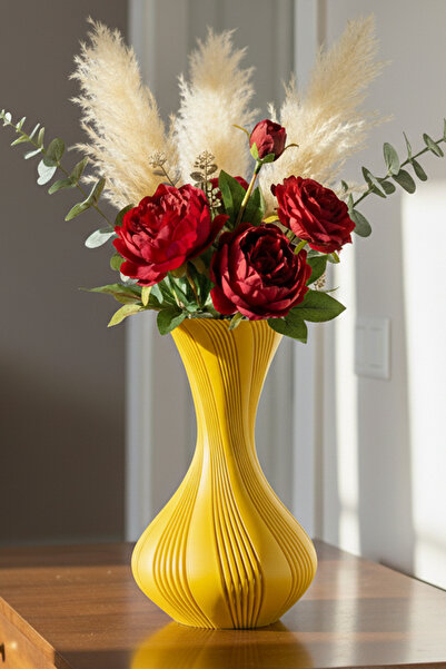 MEK Vază decorativă din plastic cu dungi, elegantă, galbenă (24x15cm)