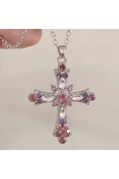 İsra Ayyıldız Moonstar Collection Pembe-Mor Haçlı Taşlı kolye