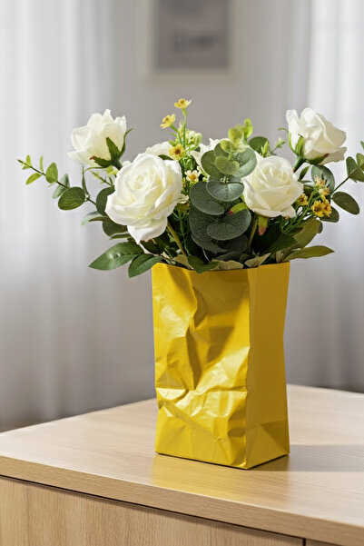 MEK Vază decorativă modernă din plastic cu design de hârtie încrețită galbenă (20x15cm)