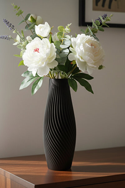 MEK مزهرية بلاستيكية مزخرفة أنيقة منحنية باللون الأسود (22x8 سم)