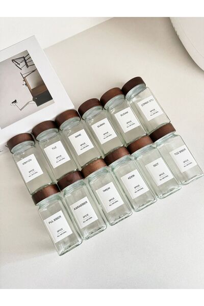 EG75 Set of 12 Acacia Lid Glass Spice Racks (32 Labels with Gift)