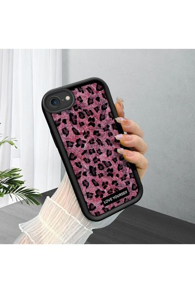 ucuc iPhone SE 2022 Uyumlu Siyah Yüksek Kaliteli Silikon Leopar Desenli Kitty...