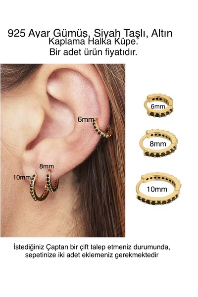 Bylin 925 Ayar Gümüş , Siyah Taşlı, Altın Kaplama Halka Küpe - 1 adet