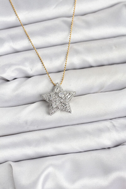 Skygo 316L Çelik Zincir Gold Renk Zincirli Gümüş Yıldız Model Kadın Kolye - T...