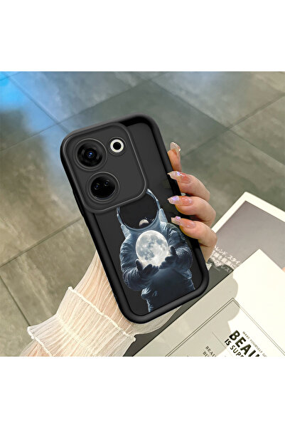 ucuc Tecno Camon 20 Uyumlu Siyah Silikon Astronot ve Ay Desenli Lens Koruma T...