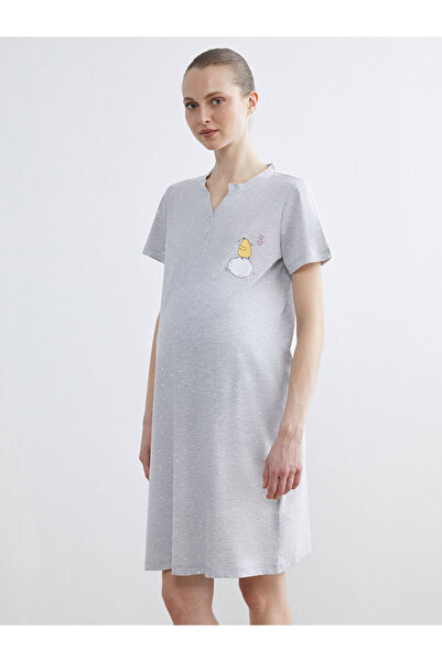 LC Waikiki Patenth's grey off-the-shoulder chick Printed maternity nightgown