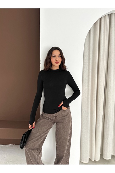 sportiness Finger Interlocking Long Sleeve Half Fisherman Stretch Fabric Combed Cotton Blouse