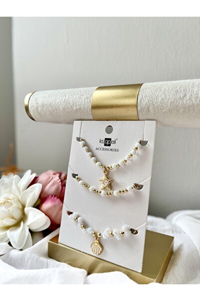 D&Z ACCESSORİES مجموعة من 3 قطع من خلخال وسوار من الخرز الأبيض مع حلية على شك...