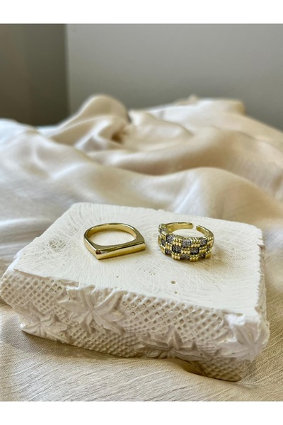 D&Z ACCESSORİES مجموعة خواتم مطلية بالذهب - خاتم مربع الشكل وقابل للتعديل مع ...