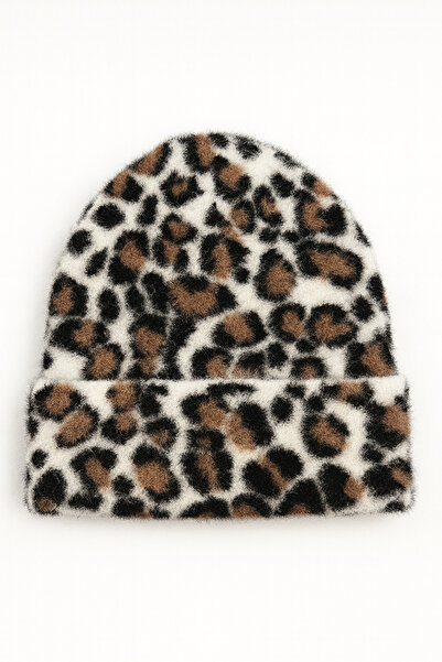 Butik Kadın Yumuşak Dokulu Leopar Desenli Katlamalı Tüylü Akrilik Bere