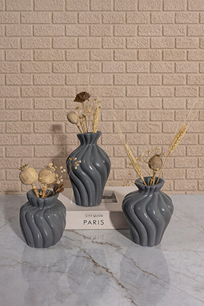 Zigzag Home Decorative 3 Piece Twist Art Bohemian Style Vase Set Flower Vase Figurine Set Gray Color