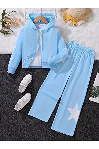 buendiakids Yıldız Baskılı Bebe Mavi 3 Iplik Altı Polarlı Çocuk Alt-Üst Takım