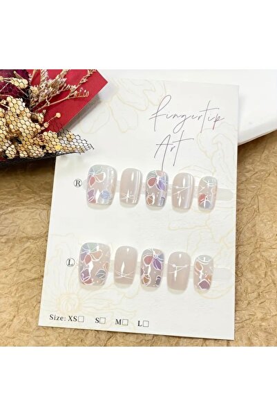 Accessories Hei Kısa Kare Çiçek Desenli Kendinden Yapışkanlı Takma Tırnak Set...