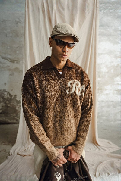 A&O Style Men's Brown Oversized Half Placket Polo Neck Rtc Printed Furry Sweater