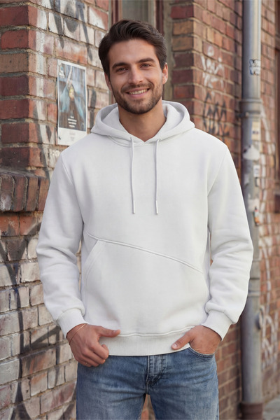 Veleno Beyaz Erkek 3 İp Yandan Cepli Kapüşonlu Sweatshirt Puf Yumuşak Kumaş