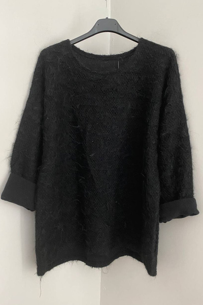 AYASOFYA OTANTIK Women's Italian Black Plain Pattern Wool Blouse Sweater