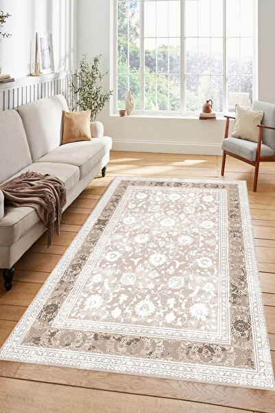 Kessy Home Studio Krem Bej Çiçek Desenli Klasik Kaymaz Yıkanabilir Salon Halı...