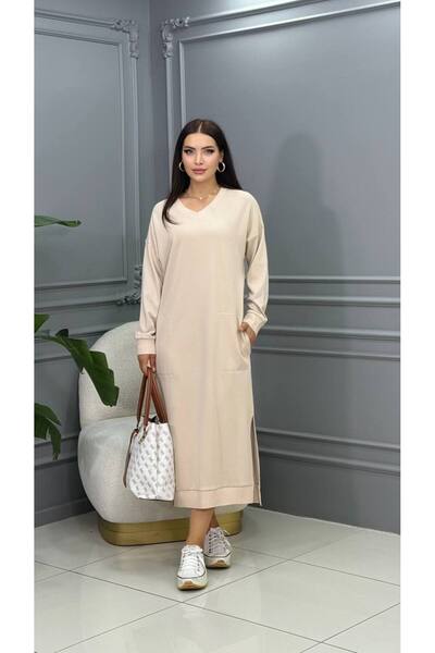 Genesis cannes Long Sleeve V-Neck Ecru Long Dress