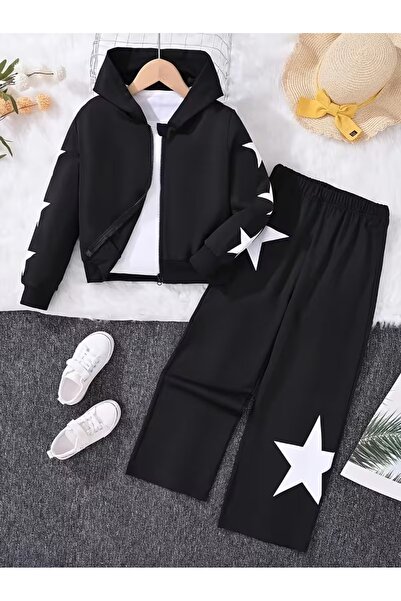 buendiakids Yıldız Baskılı Siyah 3 Iplik Altı Polarlı Çocuk Alt-Üst Takım