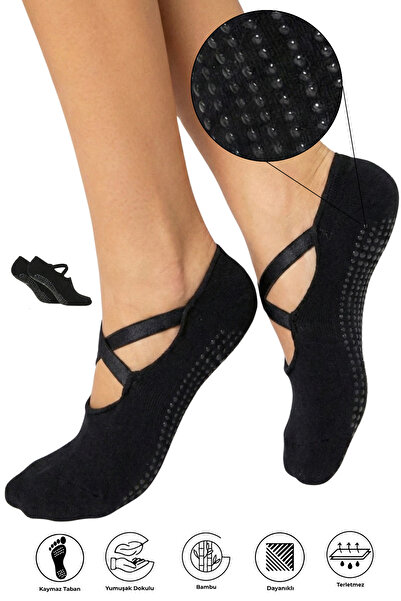 SAYSEZ Bamboo Women's Black Non-Slip Sole Silicone Print Pilates Yoga Fitness Dance Activity Ballet Socks