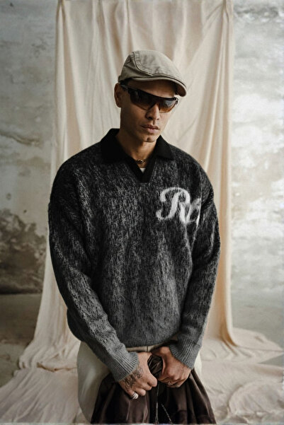 A&O Style Men's Black Oversized Half Placket Polo Neck Rtc Printed Furry Sweater