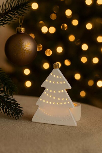 Barine Çam Ağacı Şeklinde Porselen Tealight Mumluk 9x6,5 cm
