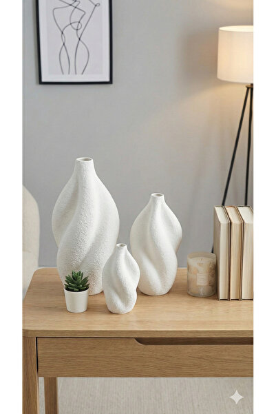 MERAM PRİNT Modern Kıvrımlı 3'lü Dekoratif Vazo Seti – Seramik Görünümlü Mat ...