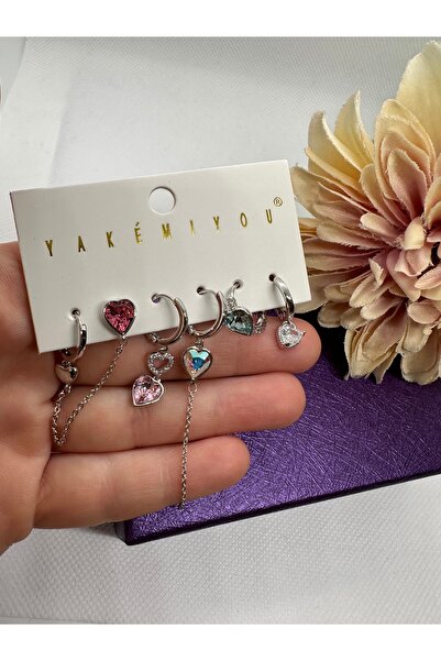 Yakemiyou Zircon Heart Colorful Stone 6 Piece Steel Earring Set