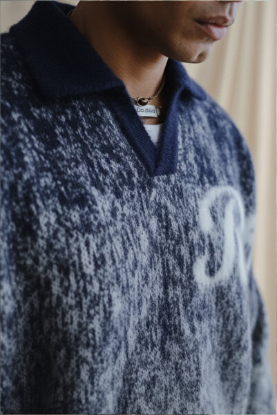 A&O Style Men's Navy Blue Oversized Half Placket Polo Neck Rtc Printed Furry Sweater