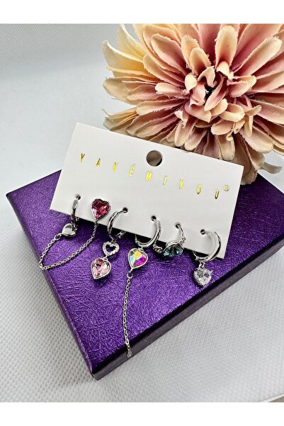 Yakemiyou Zircon Heart Colorful Stone 6 Piece Steel Earring Set