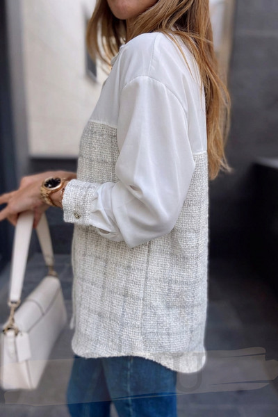 Qaju Women's Tweed Fabric Detailed Glitter Stripe Cotton Shirt - Ecru