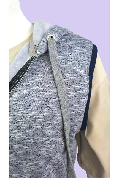 AHMERA Gray Unisex Hooded Transitional Navy Blue Cuffed Vest