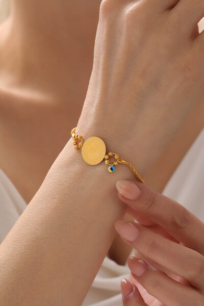 Kado Kuyumculuk Çeyrekli Burgu Halat Nazar Boncuklu Bileklik 14 Ayar Altın