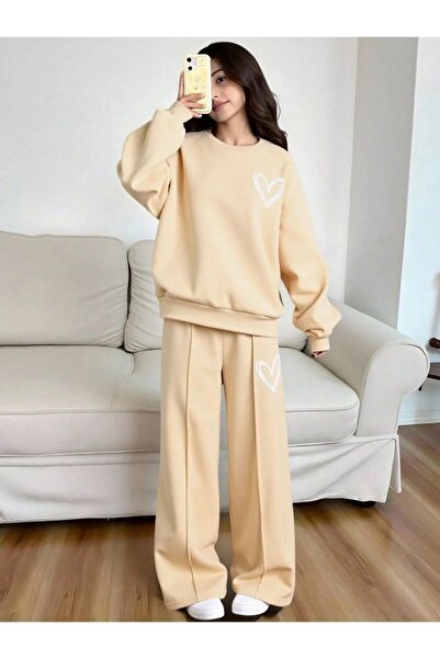 buendiakids Kız/Erkek Çocuk Bej Minimal Kalp Baskılı Çımalı Bisiklet Yaka- Ge...