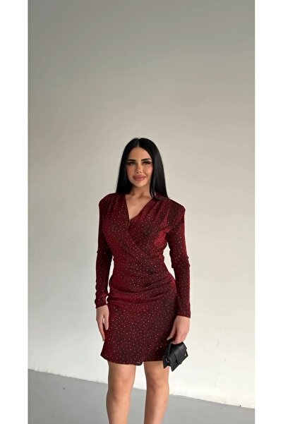 Dilek Vardar Bordo Kadın Kruvaze Yaka Taşlı Mini Elbise