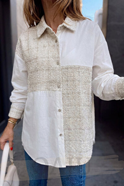 Qaju Women's Tweed Fabric Detailed Glitter Stripe Cotton Shirt - Ecru