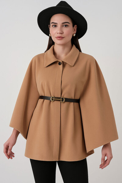 Muhtelif Kadın Kemerli Kaşe Panço 9170 - Bisküvi