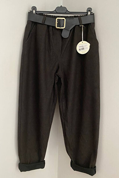 AYASOFYA OTANTIK Women's Italian Brown Elastic Waist Belted Gingham Patterned Side Pocket Trousers