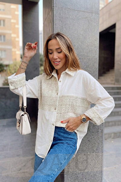 Qaju Women's Tweed Fabric Detailed Glitter Stripe Cotton Shirt - Ecru