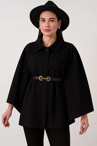Muhtelif Kadın Kemerli Kaşe Panço 9170 - Siyah