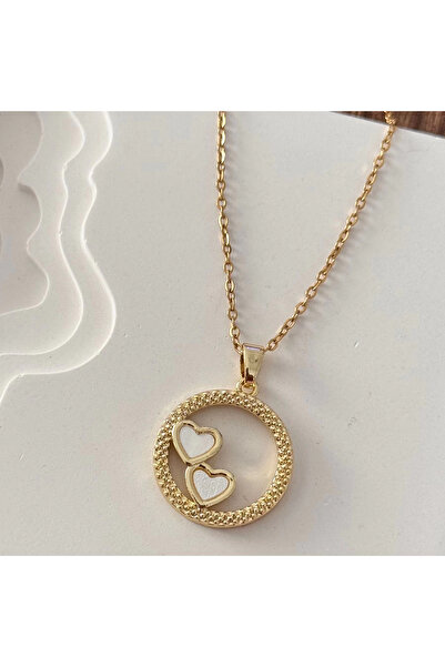TURKAFONE قلادة على شكل قلب مزدوج مطلية بالذهب