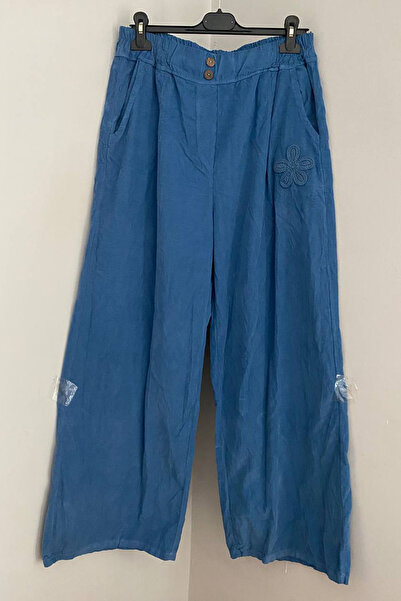 AYASOFYA OTANTIK Women's Italian Blue Elastic Waist Floral Embossed Detailed Pocketed Wide Leg Velvet Trousers