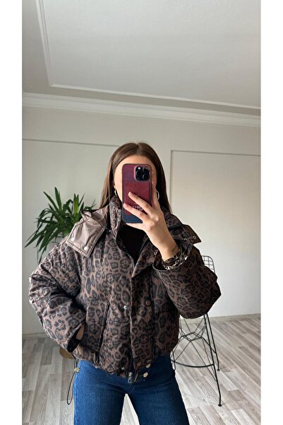 perchemfashion Leopar Desen Kapüşonlu Mont