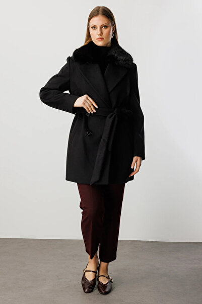 Ekol Large Size Coat with Fur Collar-6333
