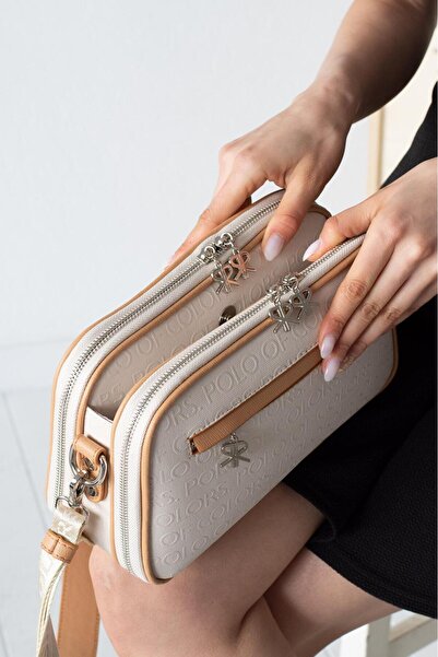 Çanta Trend Polo of Colors Women's Cream Camel 5-Compartment Adjustable Long Strap Shoulder Bag.