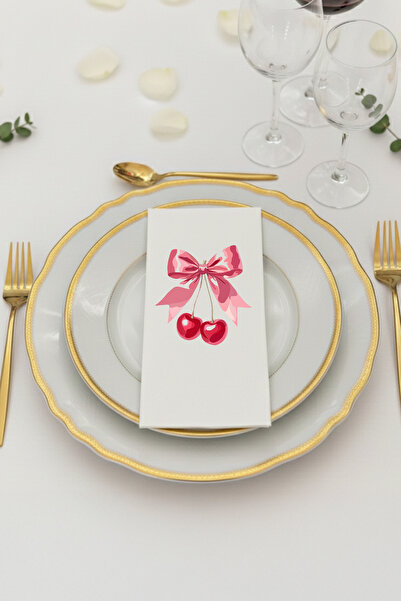 Peçetella Kurdeleli Kiraz Baskılı Sunum Peçetesi 20'li 33x33